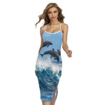 Dolphins Jumping Over Waves Print Cross Back Cami Dress