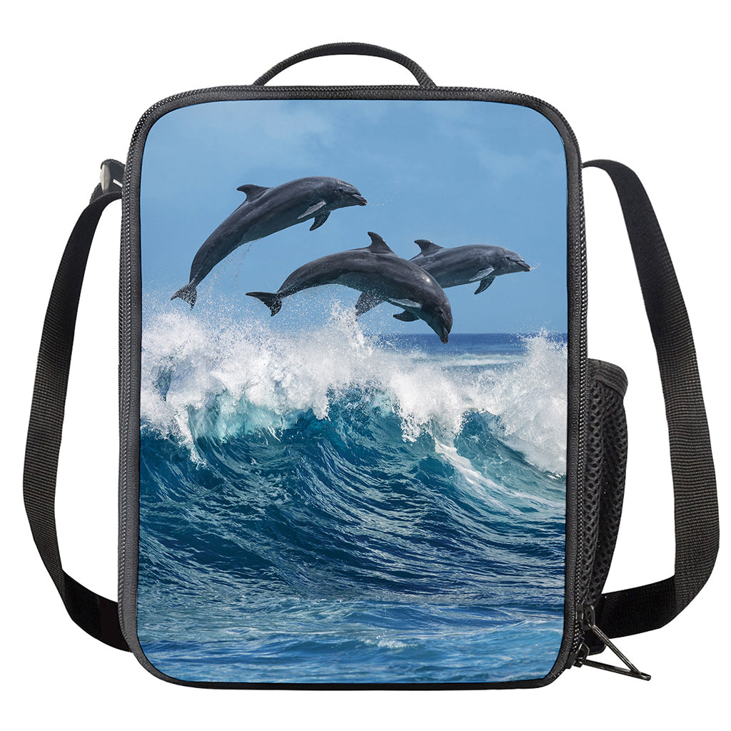 Dolphins Jumping Over Waves Print Crossbody Lunch Bag