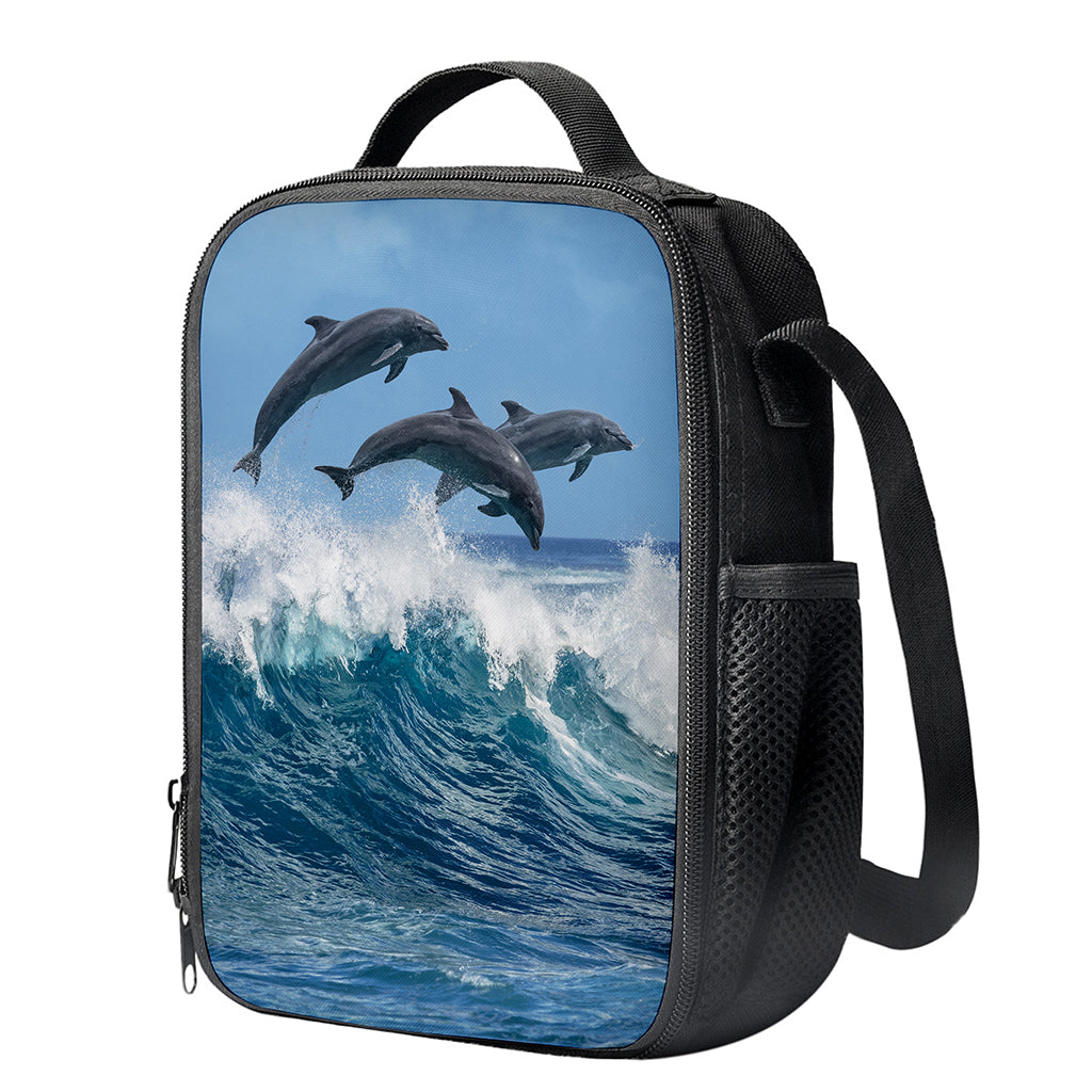 Dolphins Jumping Over Waves Print Crossbody Lunch Bag