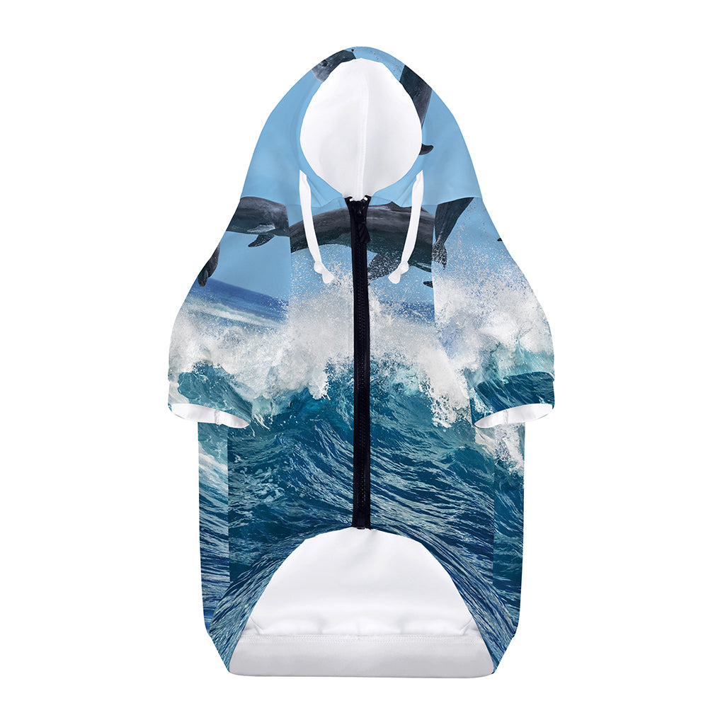 Dolphins Jumping Over Waves Print Dog Zip Up Hoodie