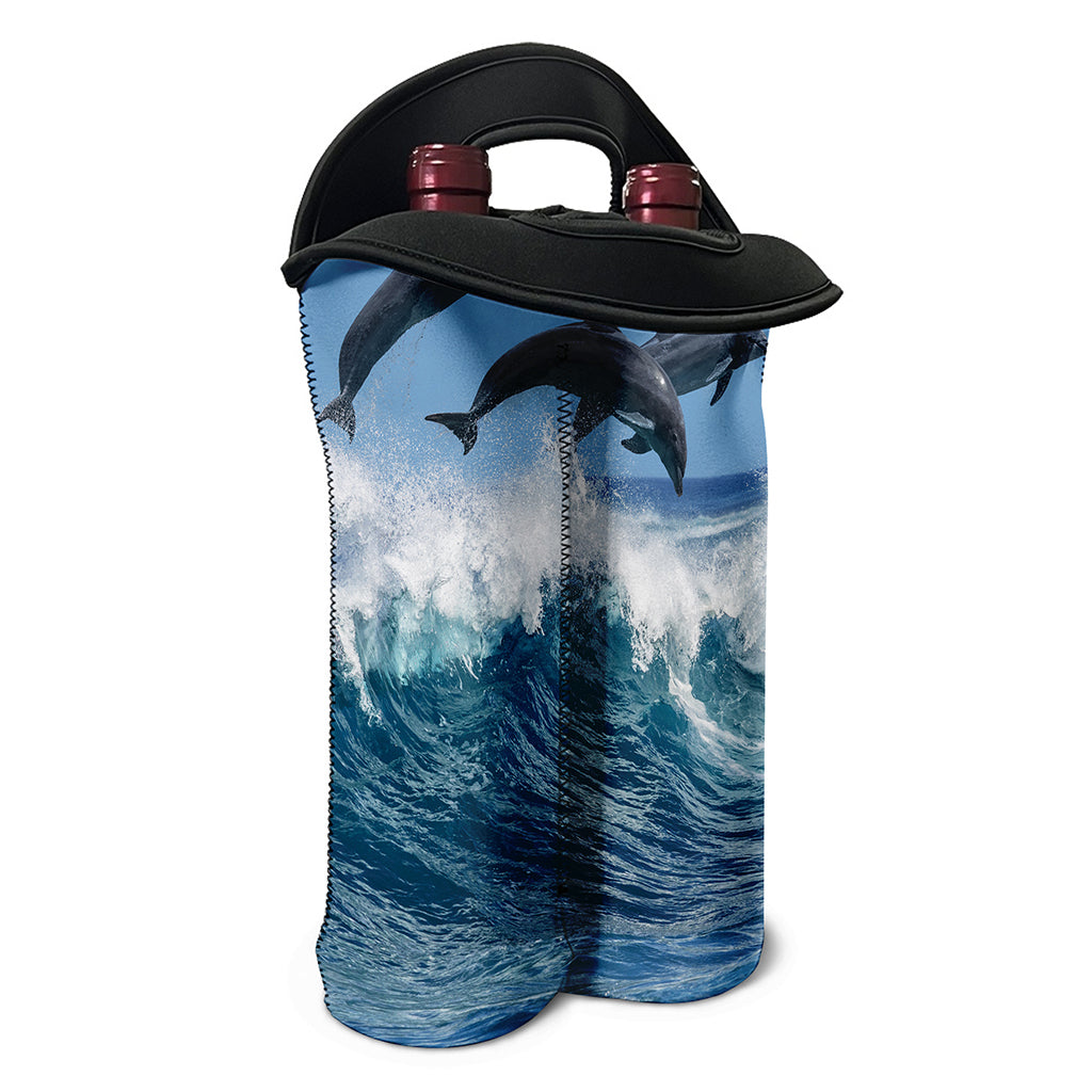 Dolphins Jumping Over Waves Print Double Neoprene Wine Tote
