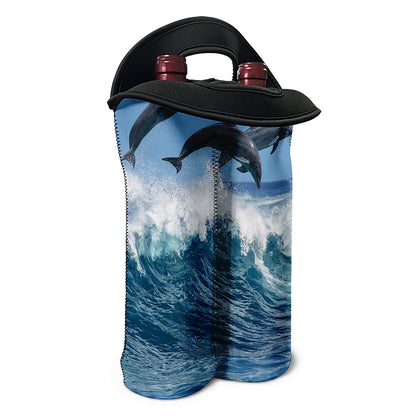 Dolphins Jumping Over Waves Print Double Neoprene Wine Tote