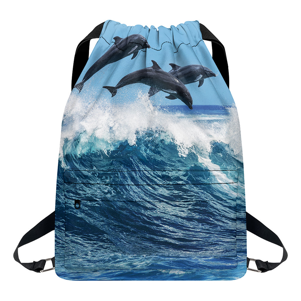 Dolphins Jumping Over Waves Print Drawstring Backpack