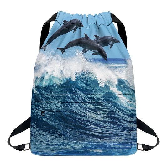Dolphins Jumping Over Waves Print Drawstring Backpack