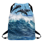 Dolphins Jumping Over Waves Print Drawstring Backpack