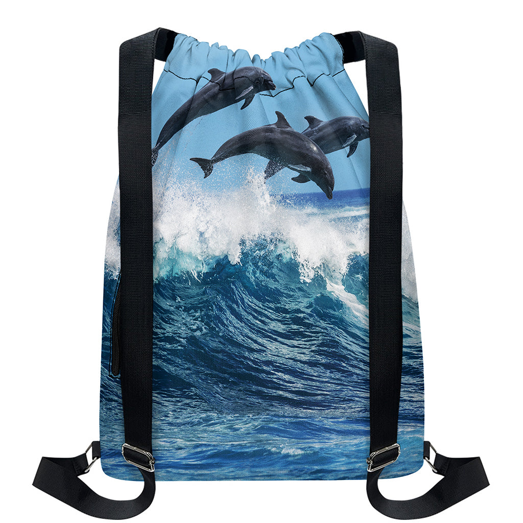 Dolphins Jumping Over Waves Print Drawstring Backpack