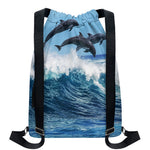 Dolphins Jumping Over Waves Print Drawstring Backpack