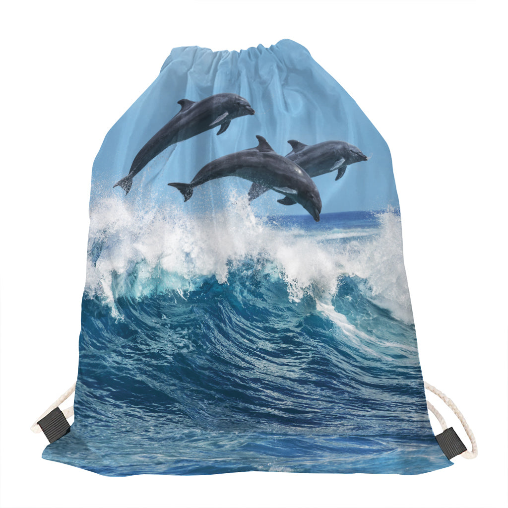Dolphins Jumping Over Waves Print Drawstring Bag