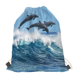 Dolphins Jumping Over Waves Print Drawstring Bag