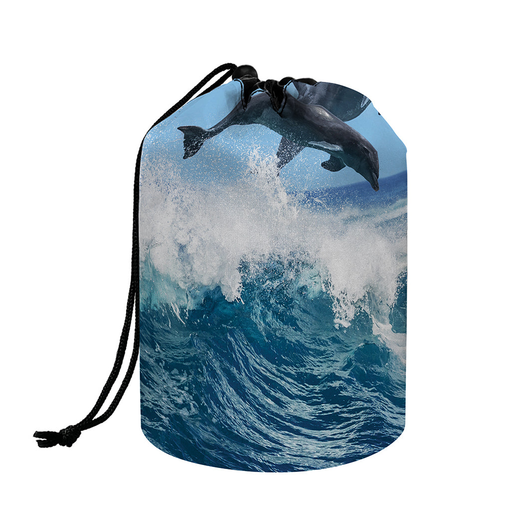 Dolphins Jumping Over Waves Print Drawstring Makeup Bag
