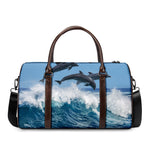 Dolphins Jumping Over Waves Print Duffle Bag