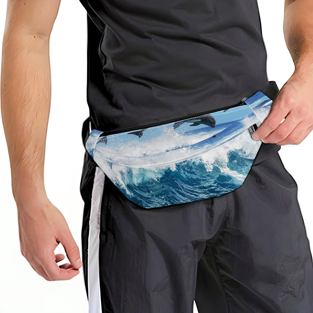 Dolphins Jumping Over Waves Print Fanny Pack