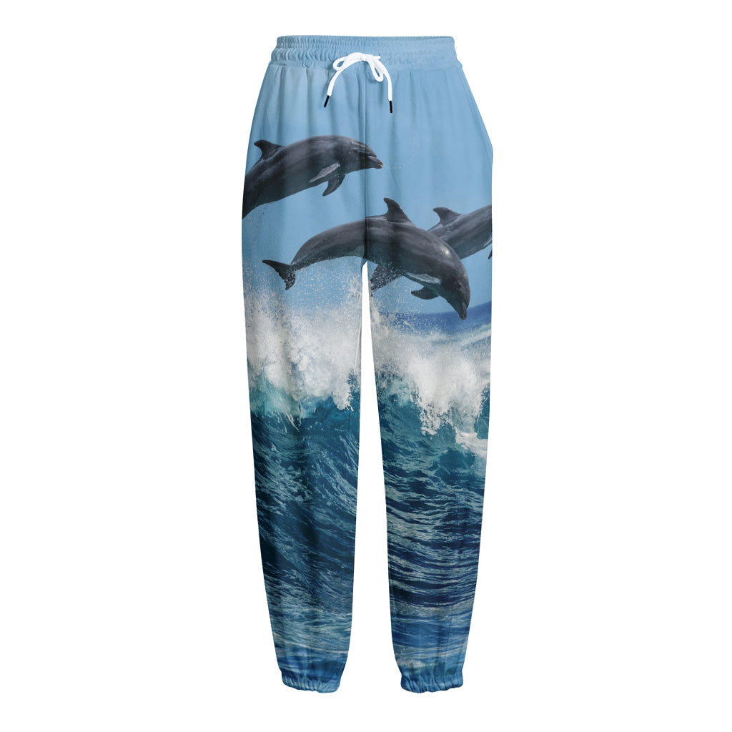 Dolphins Jumping Over Waves Print Fleece Lined Knit Pants