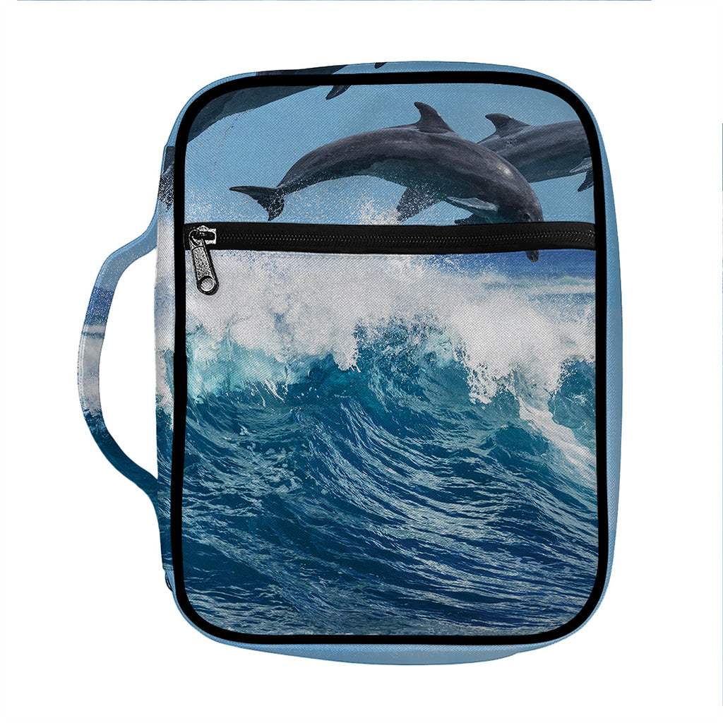 Dolphins Jumping Over Waves Print Front Pocket Bible Bag