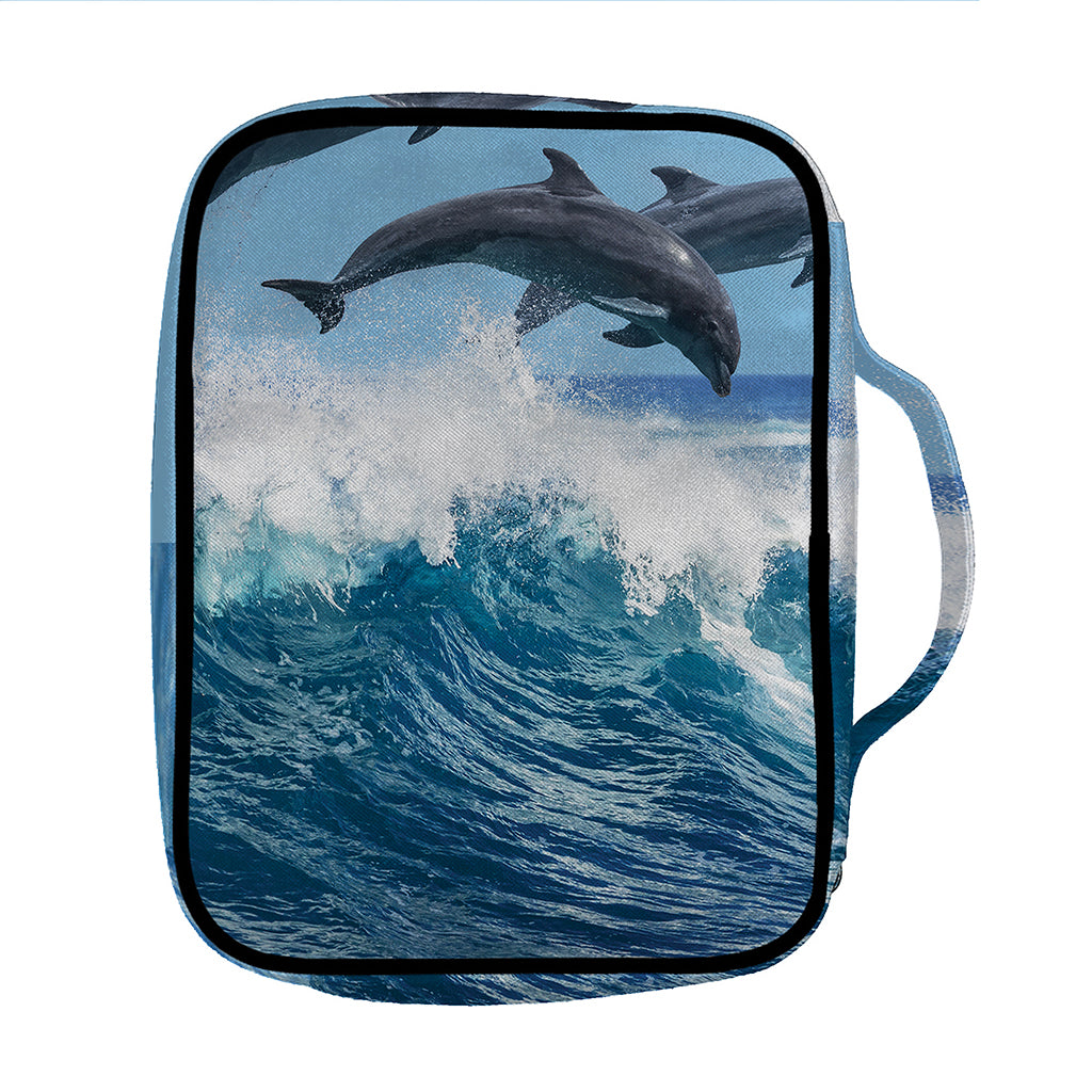 Dolphins Jumping Over Waves Print Front Pocket Bible Bag