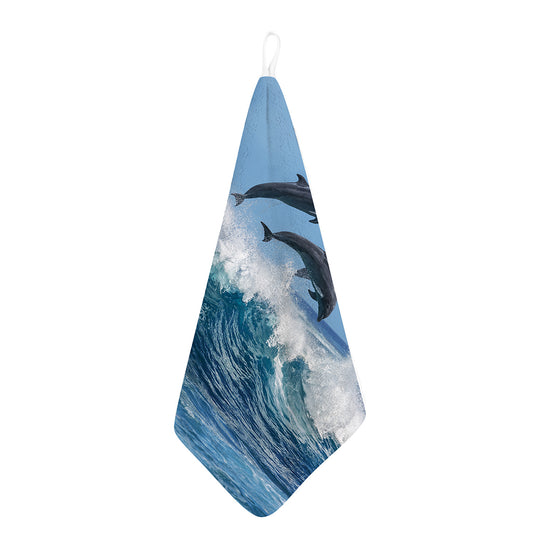 Dolphins Jumping Over Waves Print Hand Towel