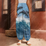 Dolphins Jumping Over Waves Print Harem Pants