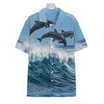 Dolphins Jumping Over Waves Print Hawaiian Shirt