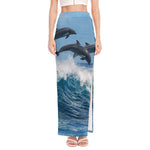 Dolphins Jumping Over Waves Print High Slit Maxi Skirt