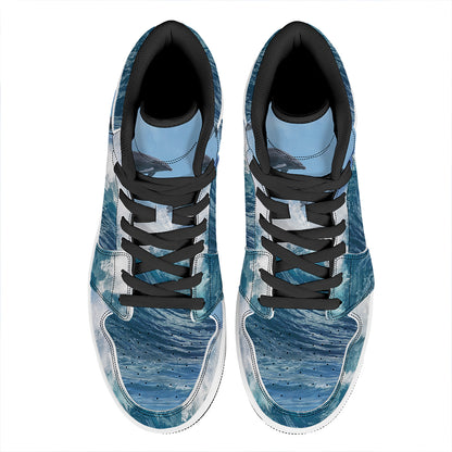 Dolphins Jumping Over Waves Print High Top Leather Sneakers