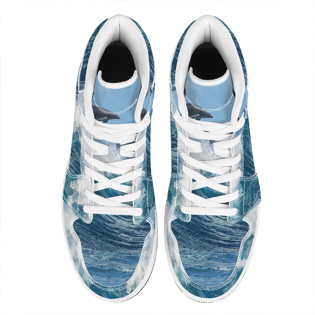 Dolphins Jumping Over Waves Print High Top Leather Sneakers