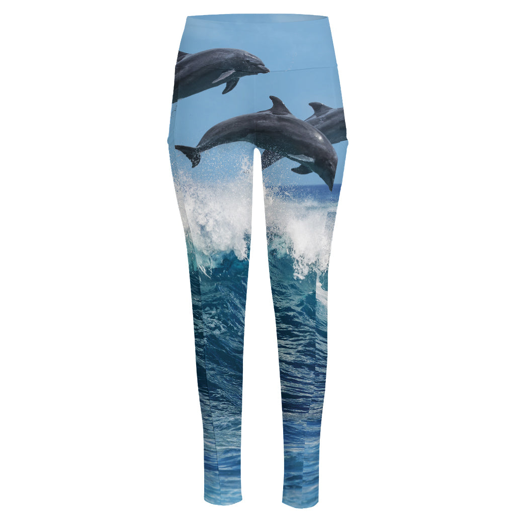 Dolphins Jumping Over Waves Print High-Waisted Pocket Leggings