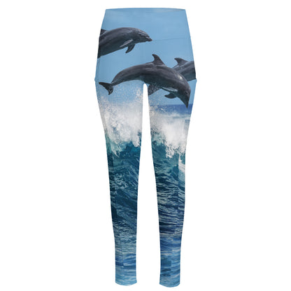 Dolphins Jumping Over Waves Print High-Waisted Pocket Leggings