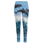Dolphins Jumping Over Waves Print High-Waisted Pocket Leggings