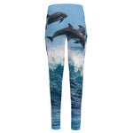 Dolphins Jumping Over Waves Print High-Waisted Pocket Leggings