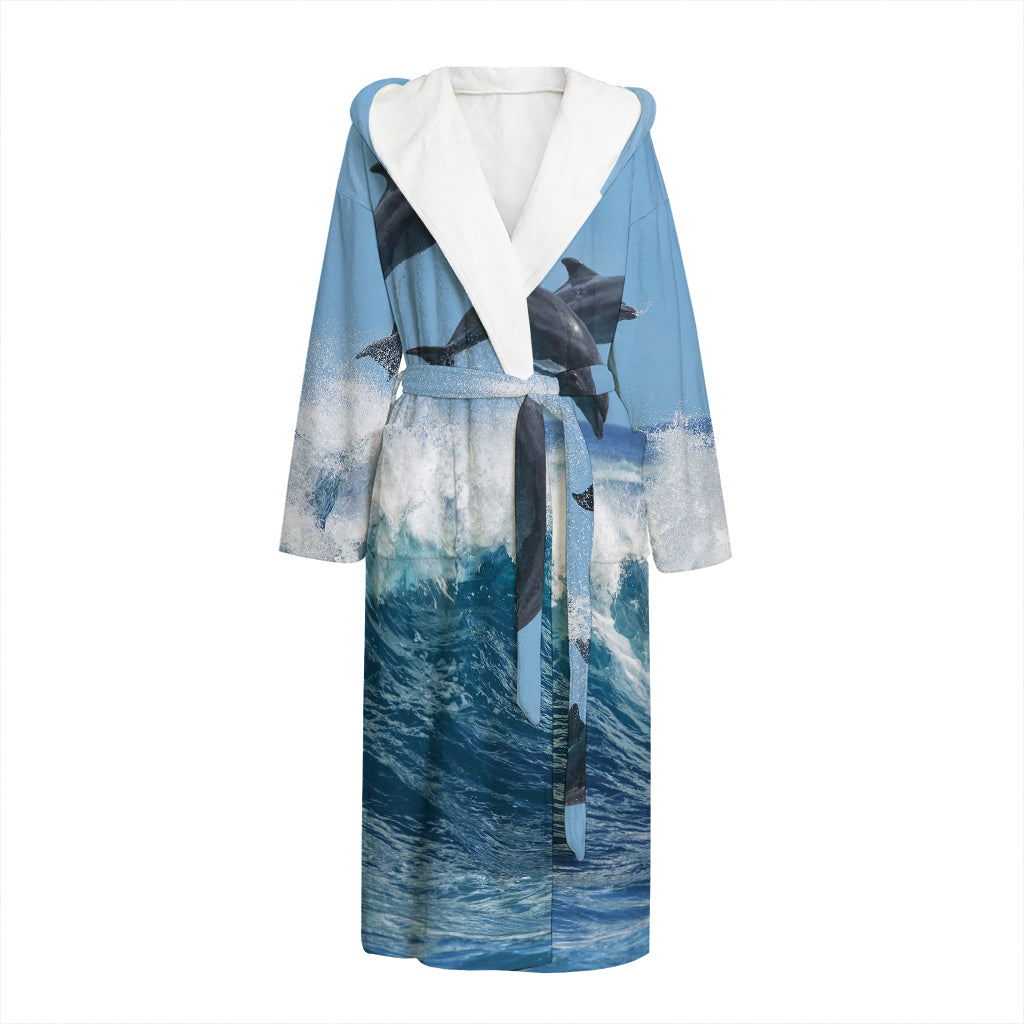 Dolphins Jumping Over Waves Print Hooded Bathrobe