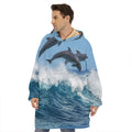 Dolphins Jumping Over Waves Print Hoodie Blanket