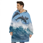 Dolphins Jumping Over Waves Print Hoodie Blanket