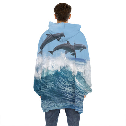Dolphins Jumping Over Waves Print Hoodie Blanket