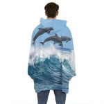 Dolphins Jumping Over Waves Print Hoodie Blanket