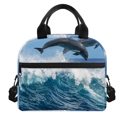 Dolphins Jumping Over Waves Print Insulated Lunch Bag
