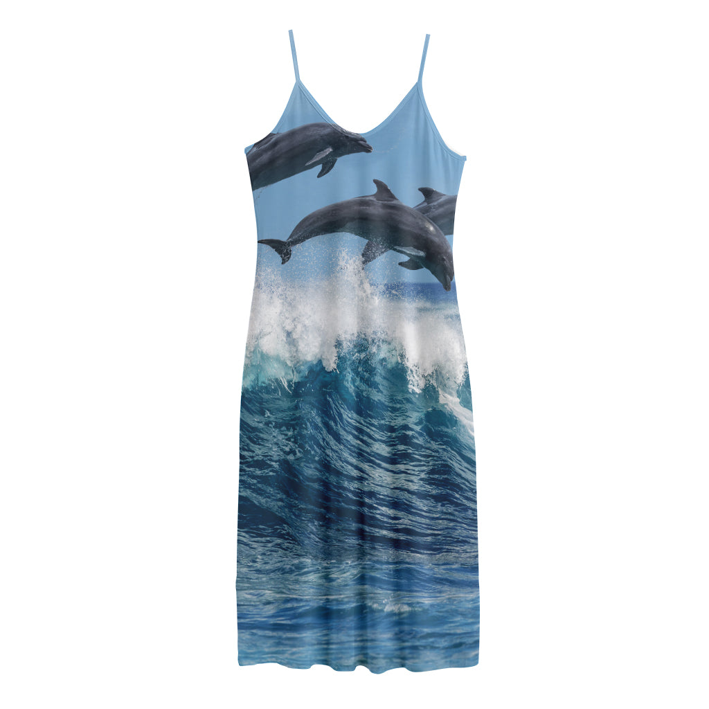 Dolphins Jumping Over Waves Print Jersey Midi Cami Dress