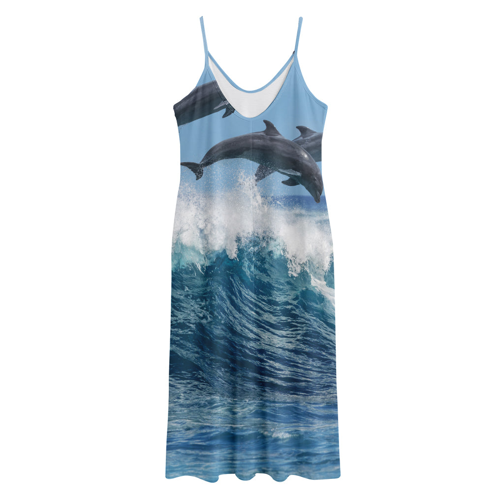 Dolphins Jumping Over Waves Print Jersey Midi Cami Dress