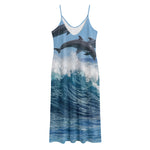 Dolphins Jumping Over Waves Print Jersey Midi Cami Dress