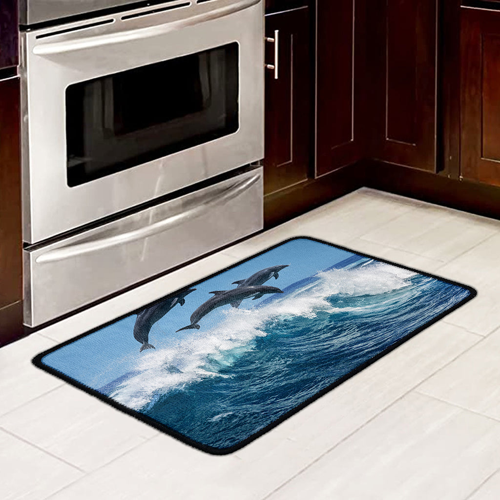 Dolphins Jumping Over Waves Print Kitchen Mat