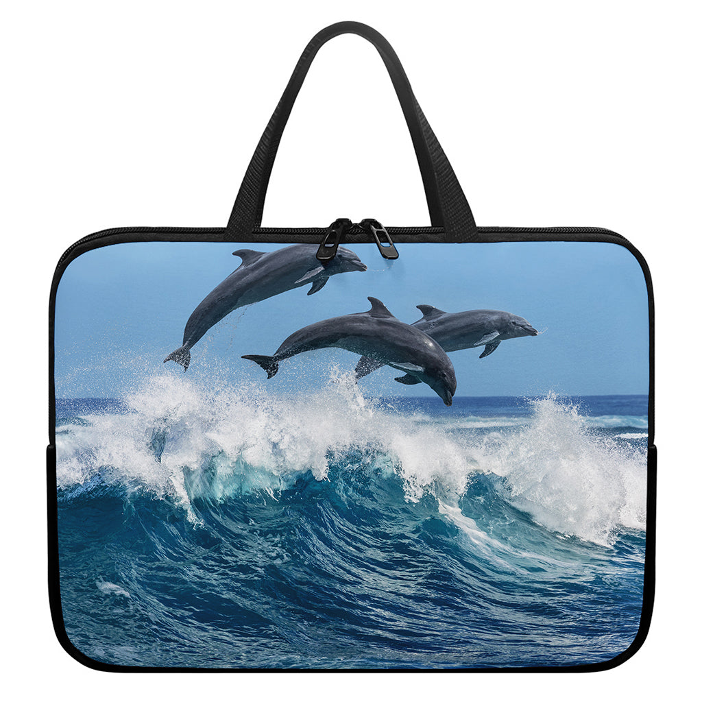 Dolphins Jumping Over Waves Print Laptop Sleeve With Handle
