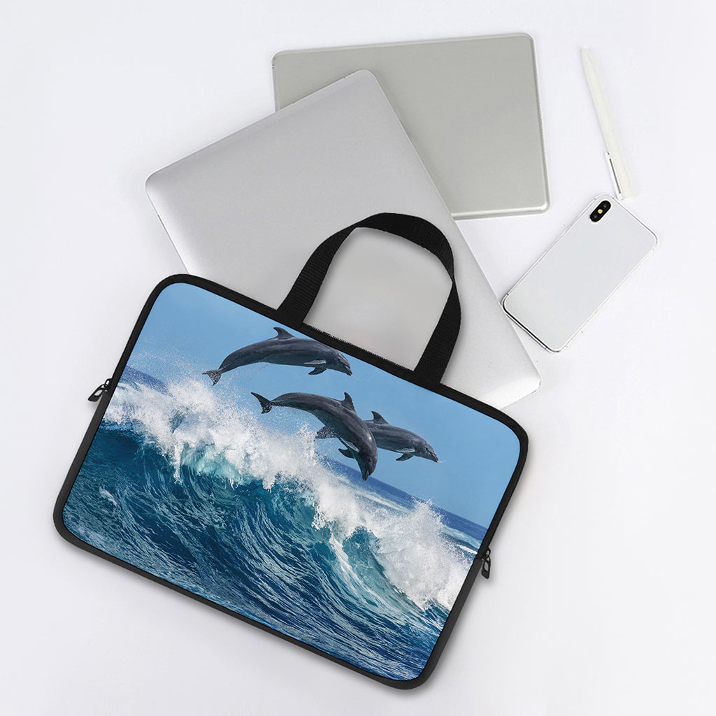 Dolphins Jumping Over Waves Print Laptop Sleeve With Handle