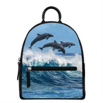Dolphins Jumping Over Waves Print Leather Backpack