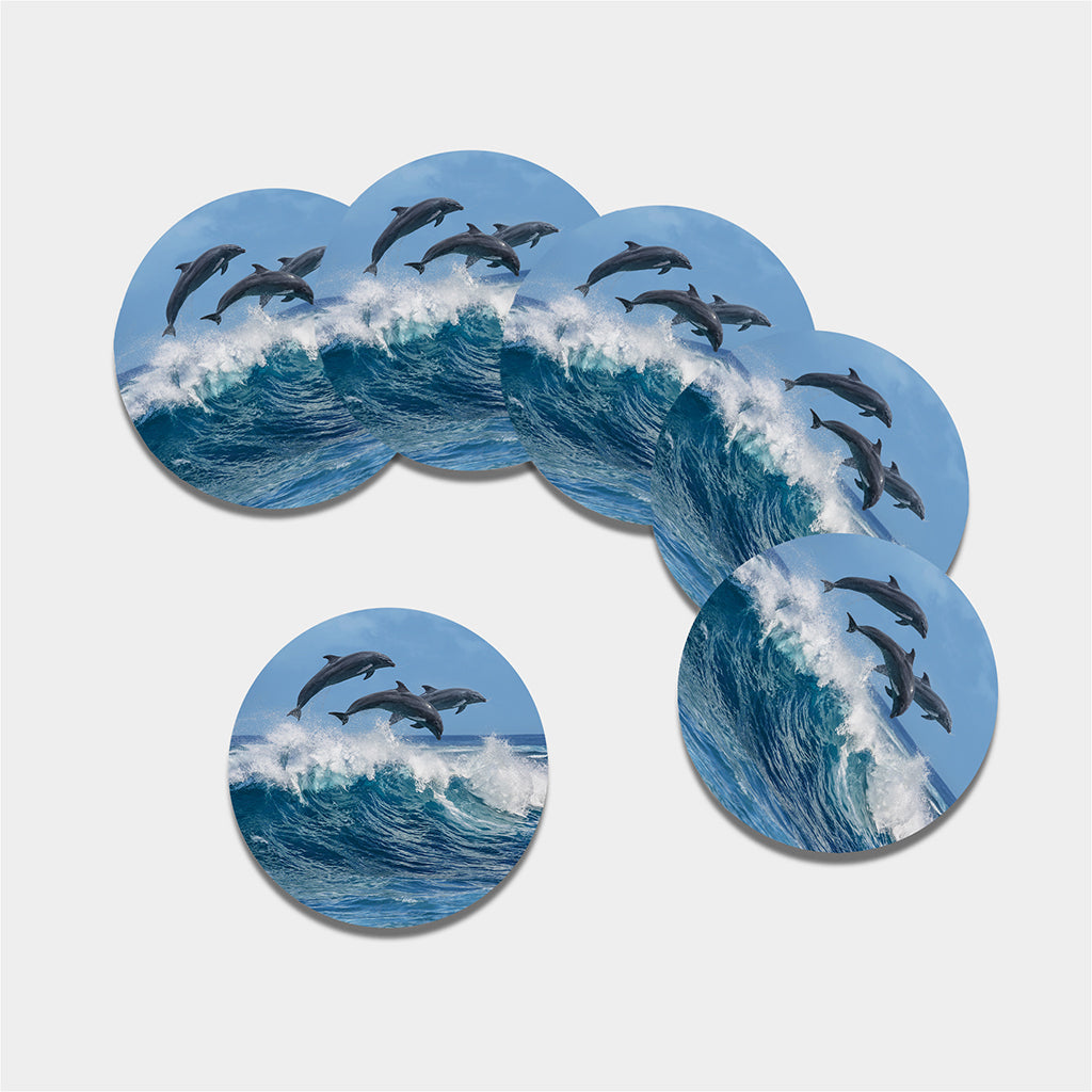 Dolphins Jumping Over Waves Print Leather Coaster Set