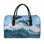 Dolphins Jumping Over Waves Print Leather Duffle Bag