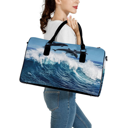 Dolphins Jumping Over Waves Print Leather Duffle Bag