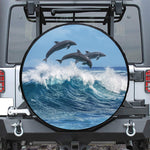 Dolphins Jumping Over Waves Print Leather Spare Tire Cover