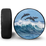Dolphins Jumping Over Waves Print Leather Spare Tire Cover
