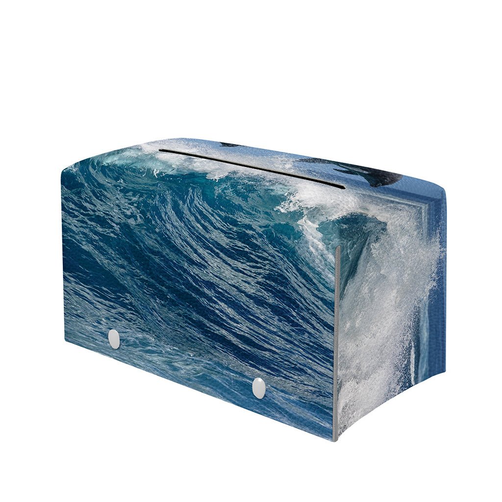 Dolphins Jumping Over Waves Print Leather Tissue Box Cover