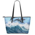 Dolphins Jumping Over Waves Print Leather Tote Bag With Zipper