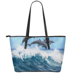 Dolphins Jumping Over Waves Print Leather Tote Bag